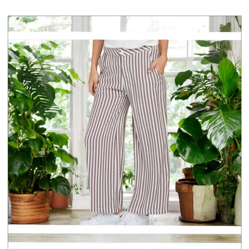 RVCA Manna Striped High Rise Pant-Linen Poplin Blend -Sz S -26 -Brown&White-EUC​